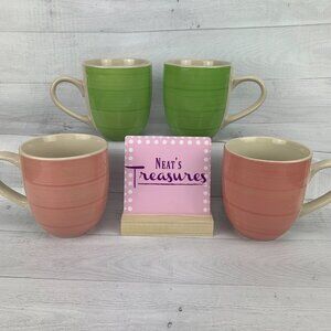 Citrus  Grove Pink & Green Bands Hand Painted Ceramic Coffee Mug Tea Cups Set 4